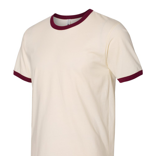 An off-white ringer t-shirt with contrasting dark burgundy trim on the crew neck and sleeve cuffs, shown against a plain white background.