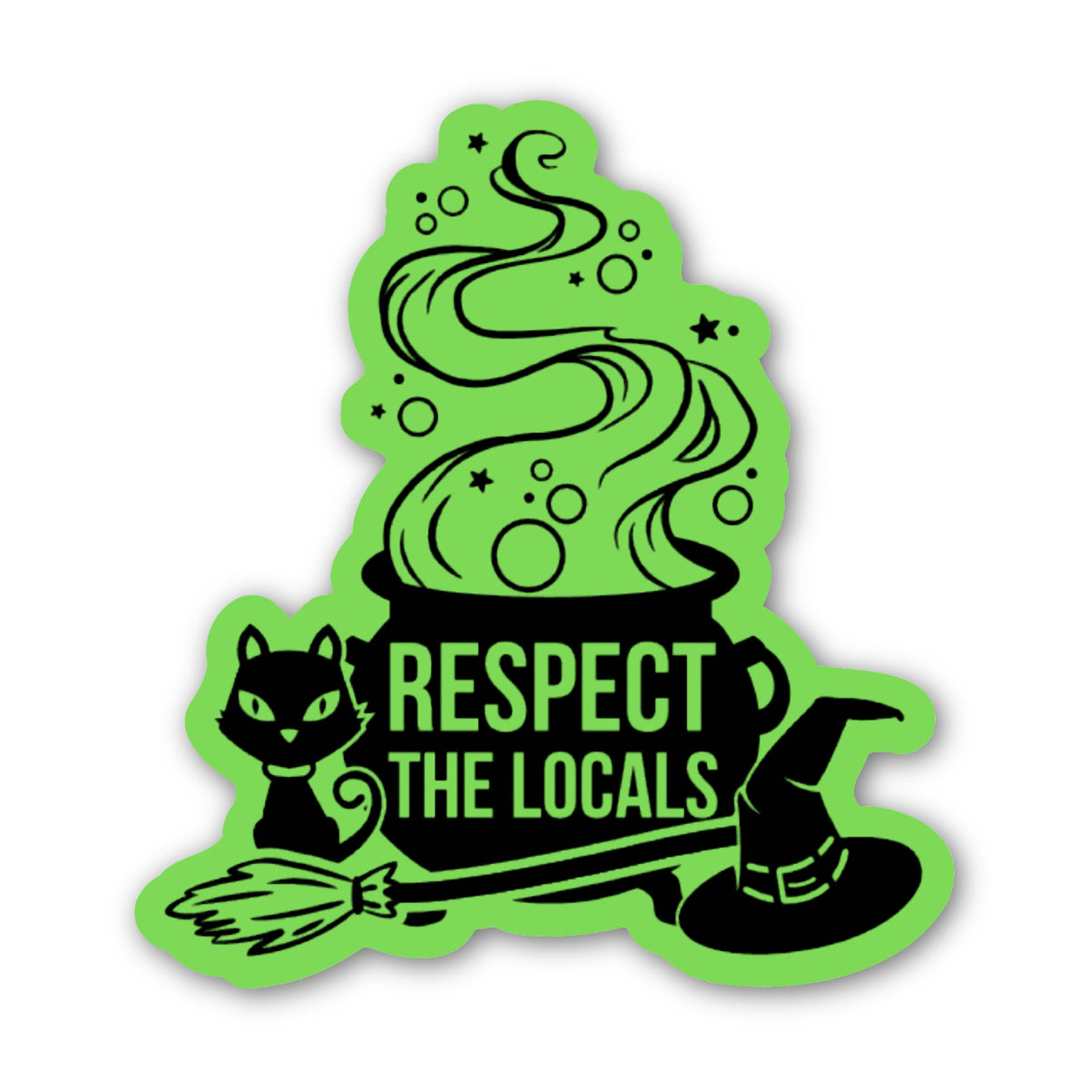 Green and black sticker with a cauldron, cat, broom, and witch hat with 'Respect the Locals' text on a white background.