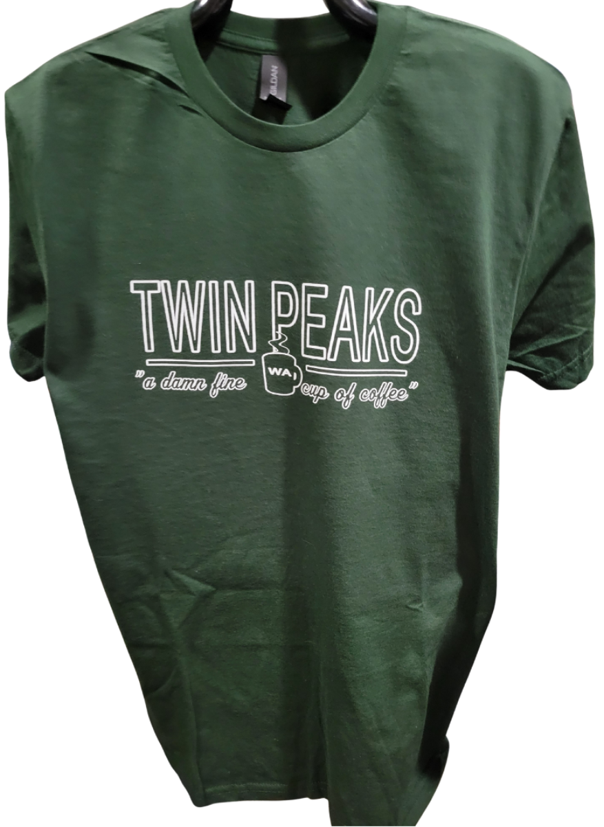 Green t-shirt with 'Twin Peaks' text and logo on a white background