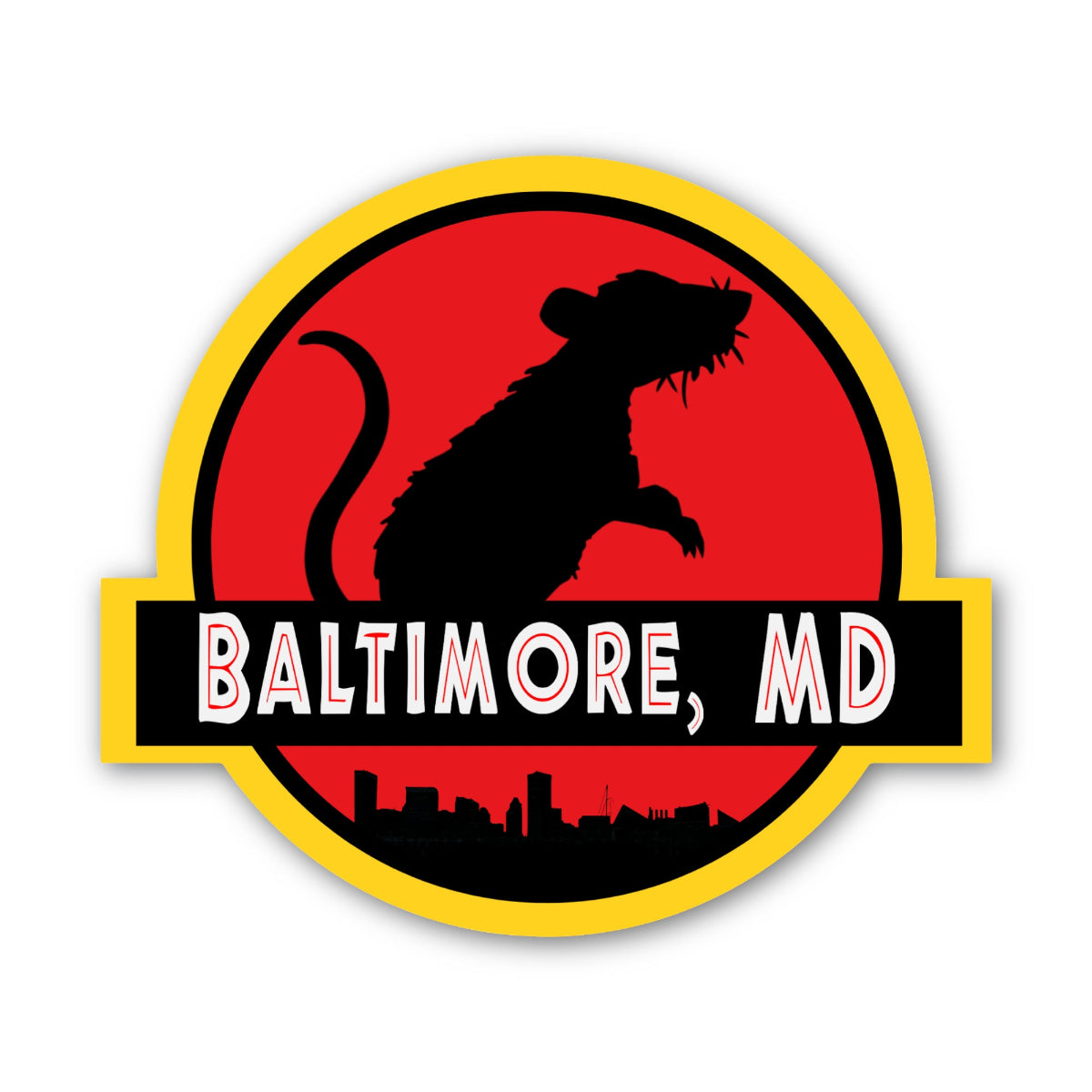 Sticker with a silhouette of a rat, 'Baltimore, MD' text, and city skyline on a red background.