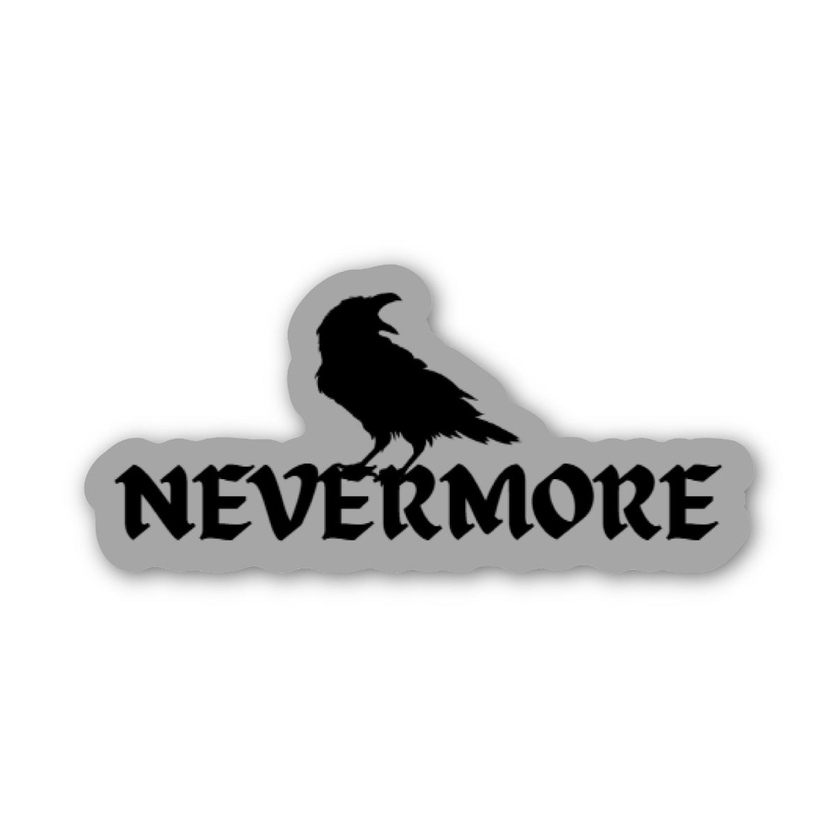 Decorative sticker with a silhouette of a raven and the word 'NEVERMORE' on a grey background