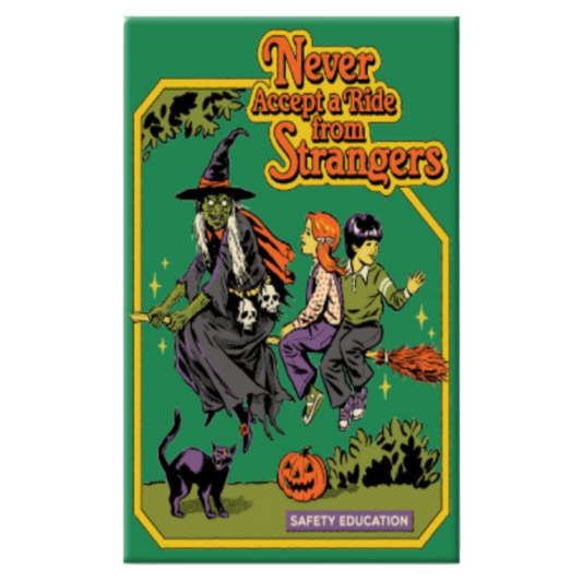 Halloween-themed magnet with a witch and two children on a broomstick, text 'Never Accept a Ride from Strangers', and safety education label.