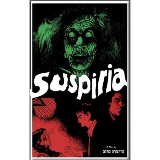 Poster of 'Suspiria' with a green and red color scheme featuring a creature and two people.