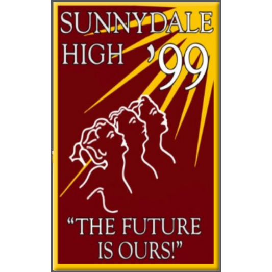 Sunnydale High '99 yearbook cover with three silhouettes and text on a red background